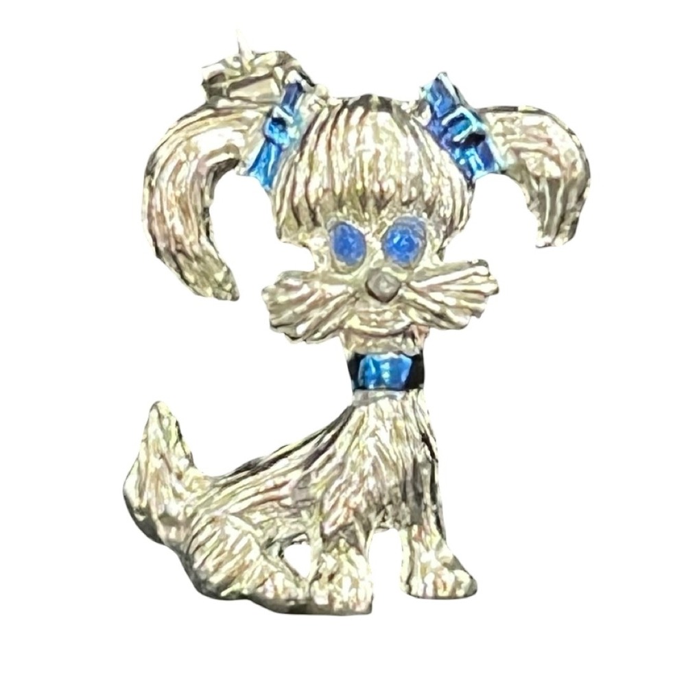 Vintage Gerry's Yorkie Dog BroochSilver‎ Tone Blue Rhinestones EnamelPuppy Pin